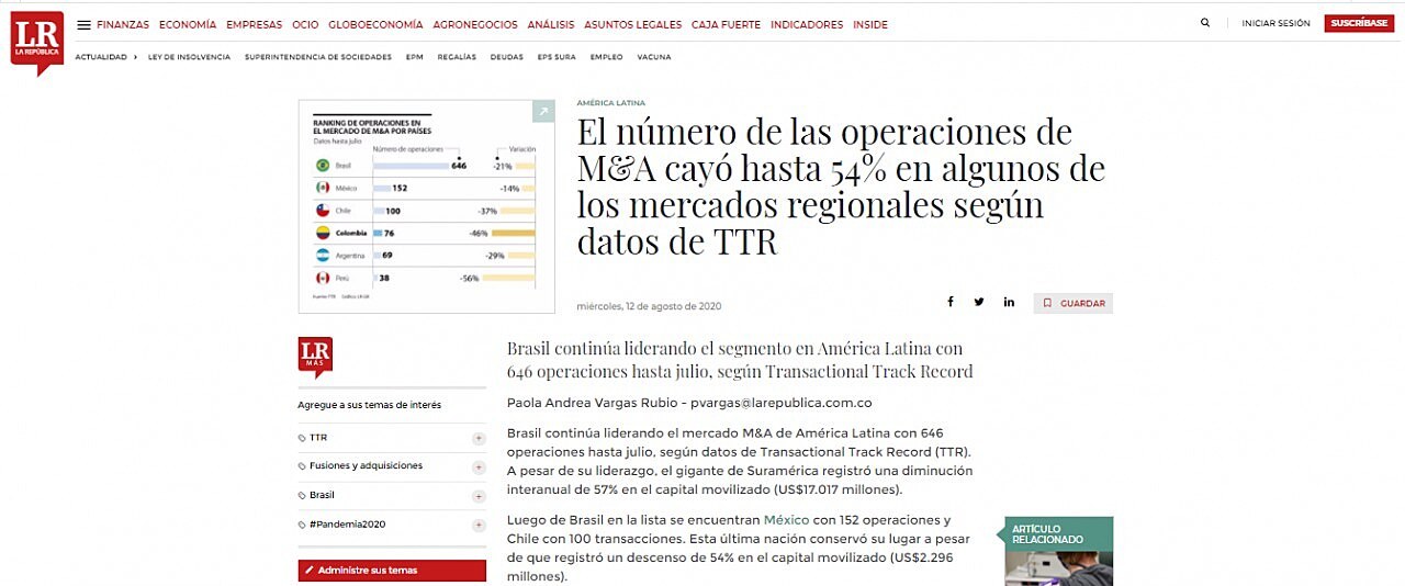El nmero de las operaciones de M&A cay hasta 54% en algunos de los mercados regionales segn datos de TTR